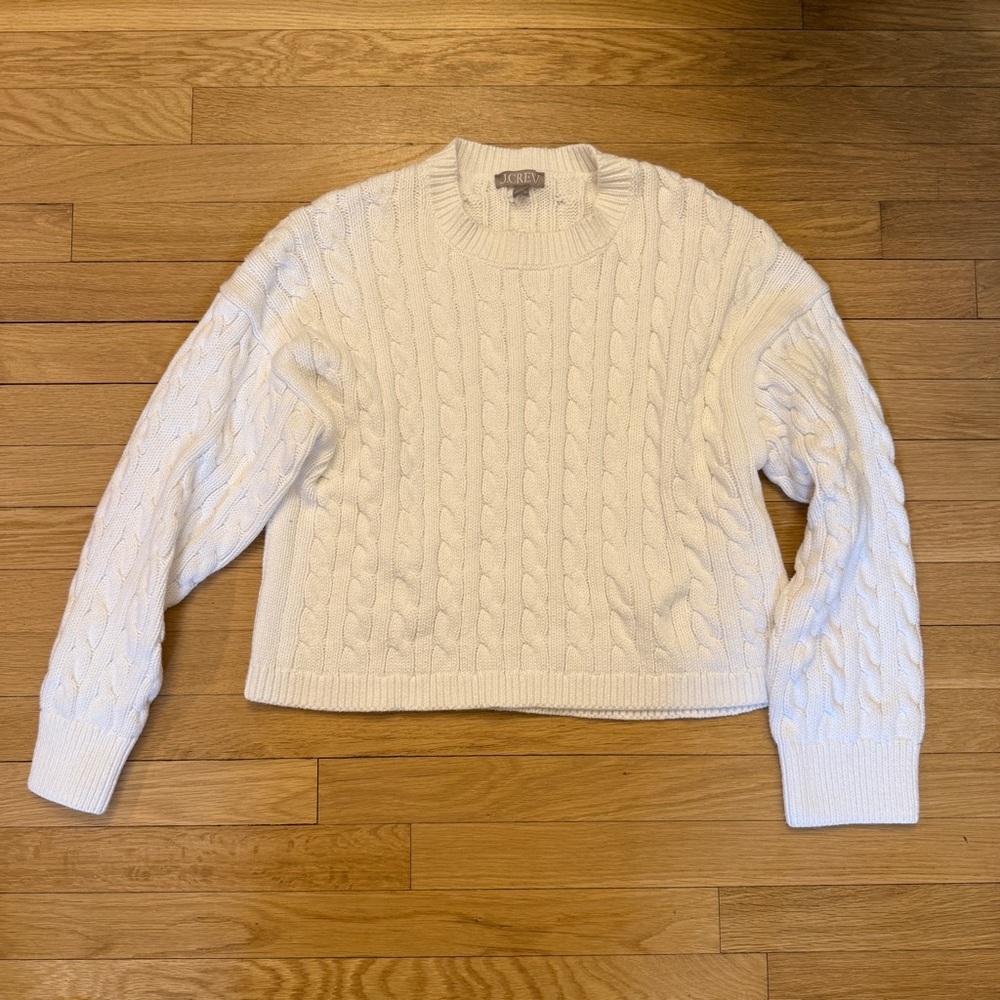 J. Crew White Cable Knit Sweater – Size Large – 100% Cotton - Like New!